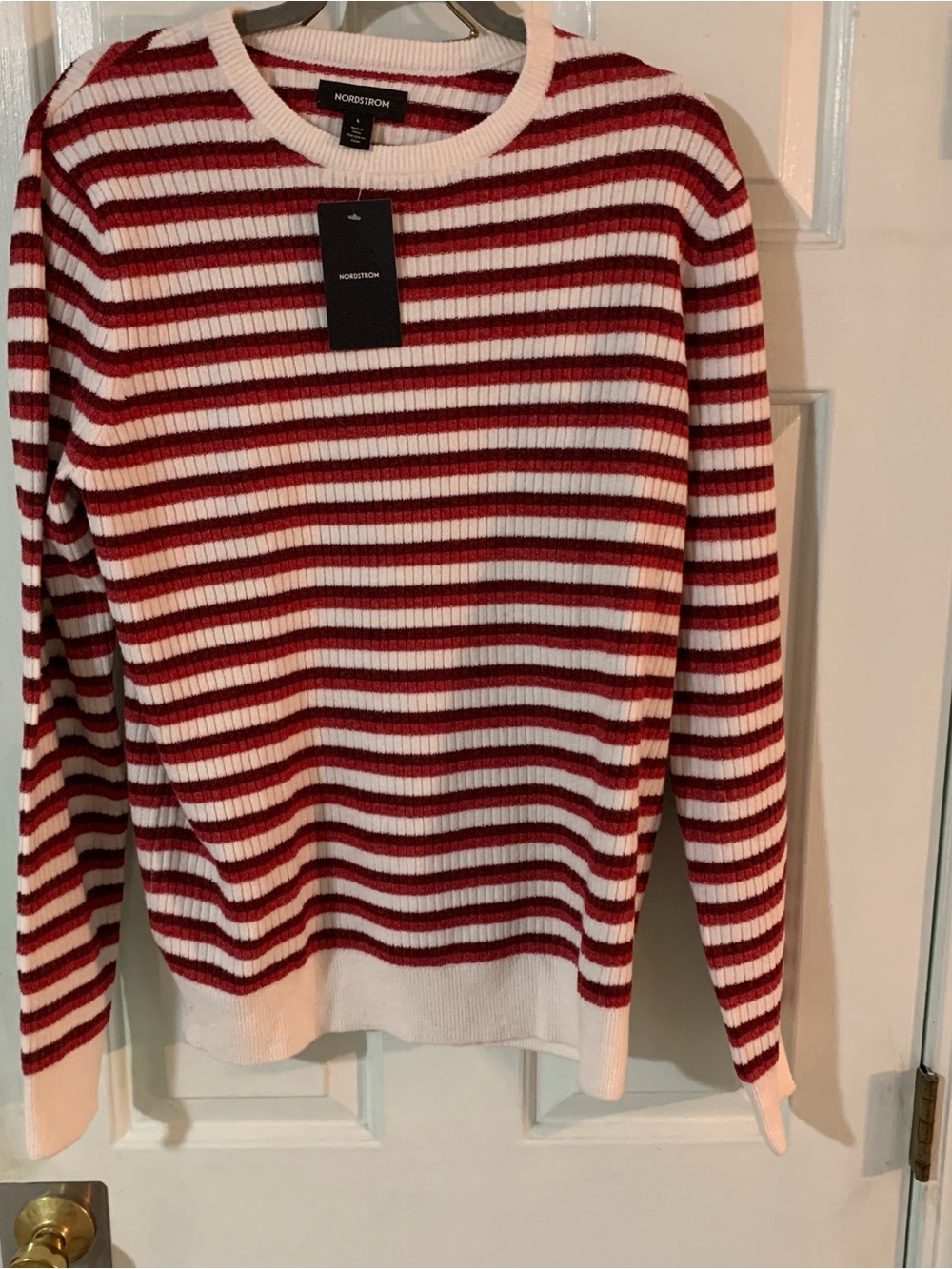 Nordstrom Red & White Striped Rib-Knit Crew Sweater